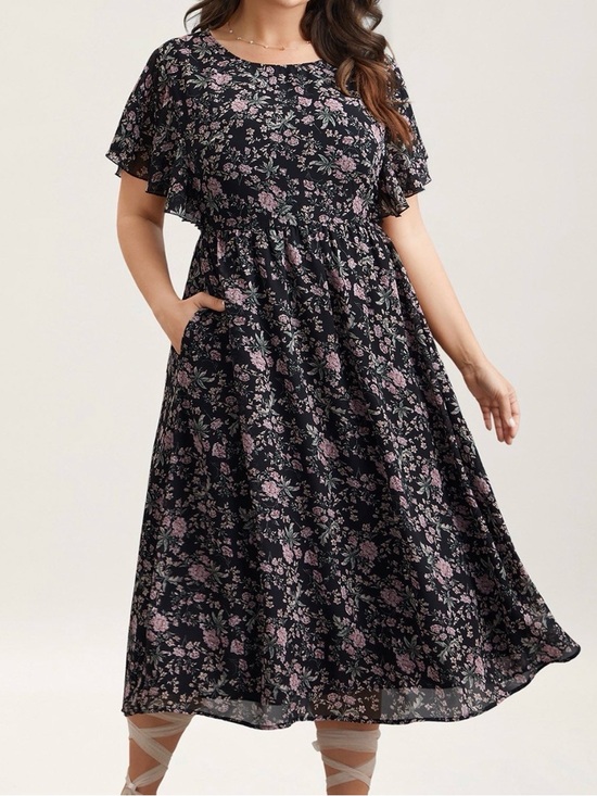 BloomChic Dresses & Skirts - Bloomchic 18-20 women’s 2x floral black midi dress short flowy sleeves 2xl